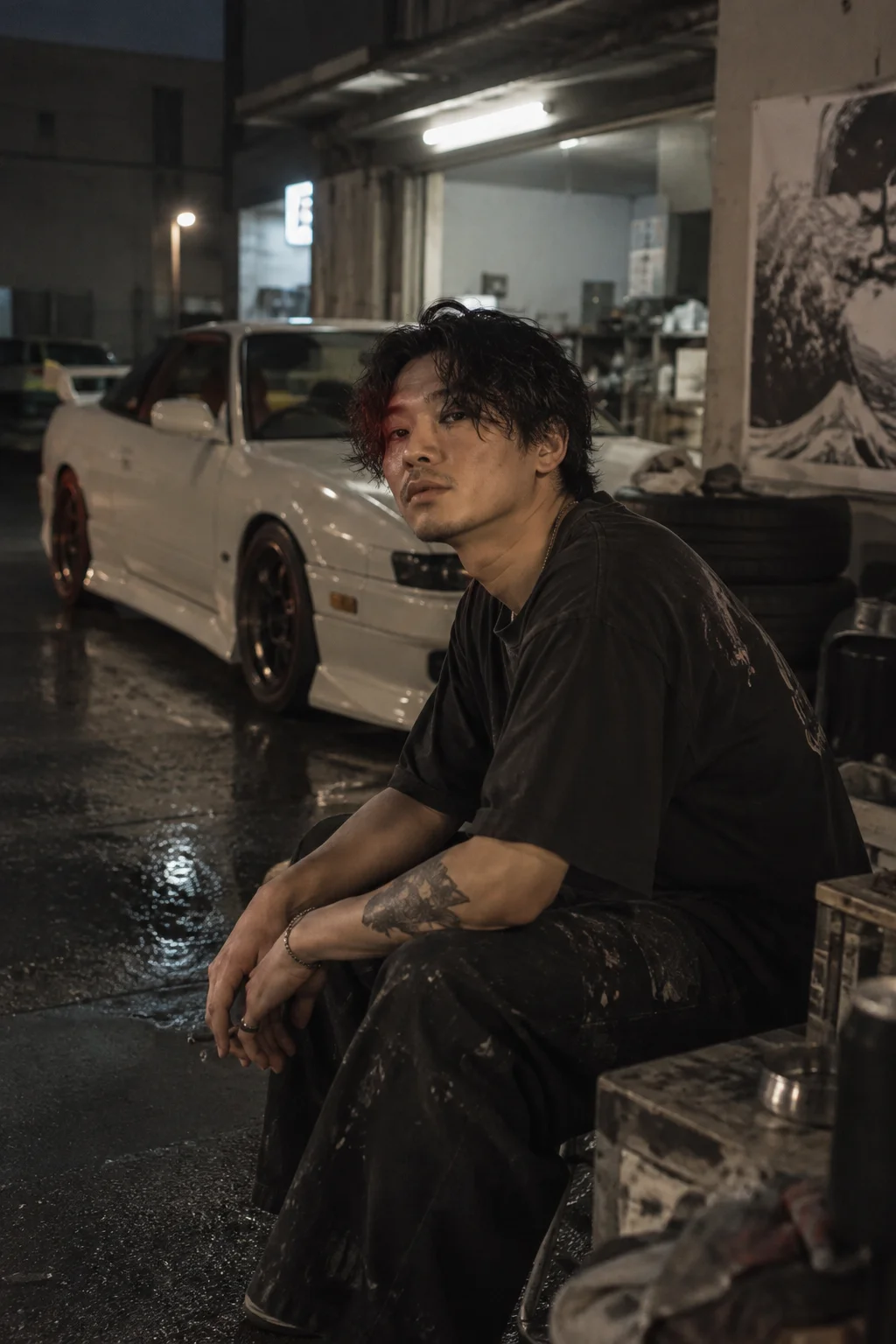REI KIRYŪ seated beside a white coupe in a garage